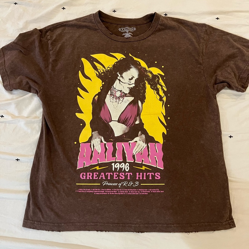 Brown Graphic Oversized Band Tee with Pink and Yellow Design